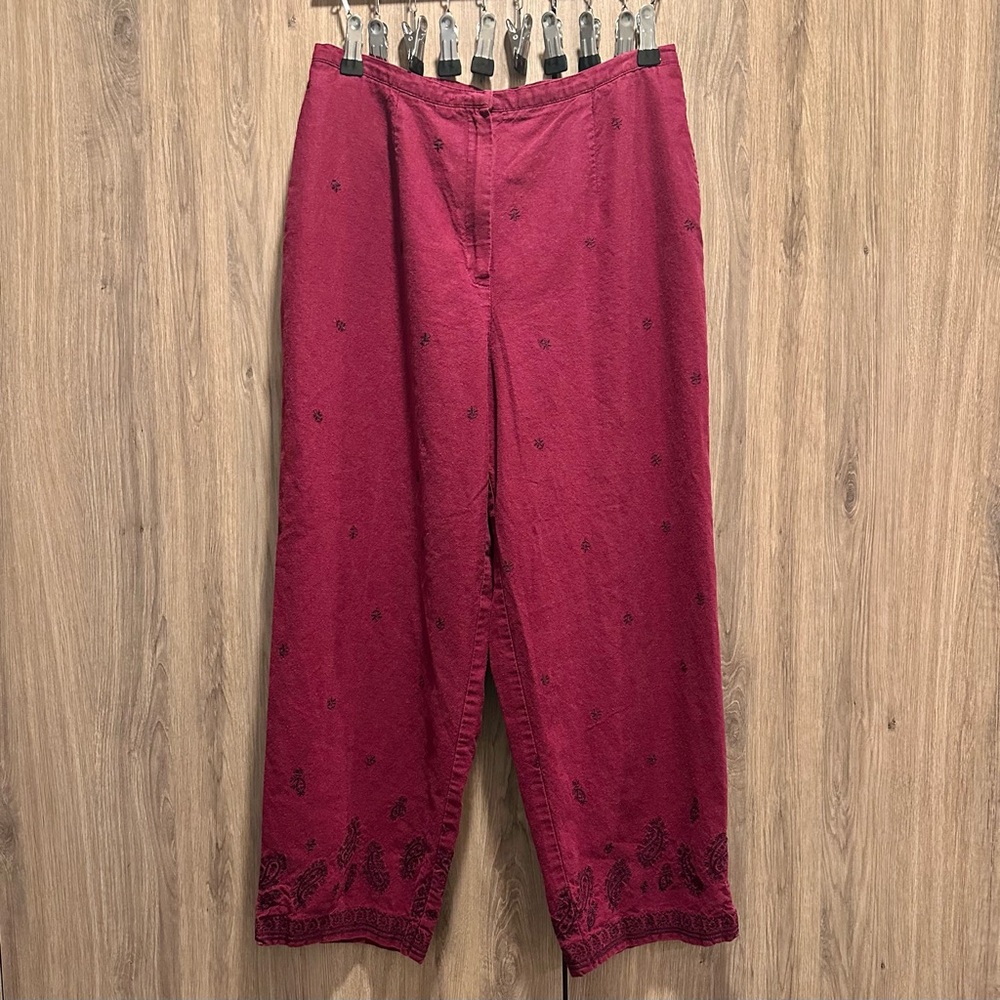 Vintage Norton McNoughton Red Embroidered Wide Leg Linen Pants